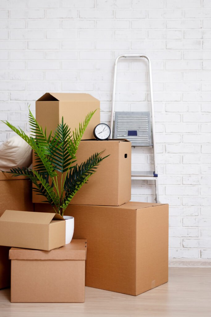 moving day concept - cardboard boxes, houseplants and other things over white brick wall